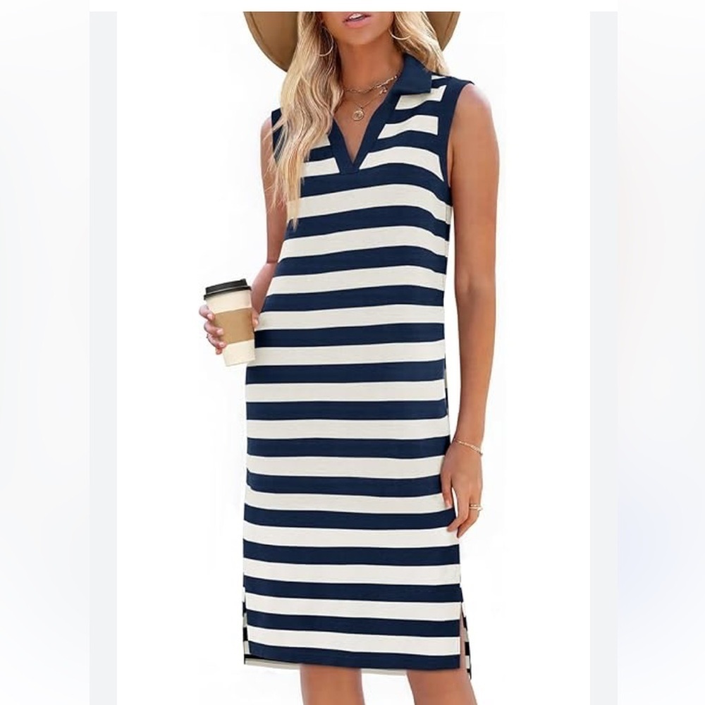 Striped Summer Dress Casual Polo V Neck Sleeveless Slit Loose Fit T Shirt Midi